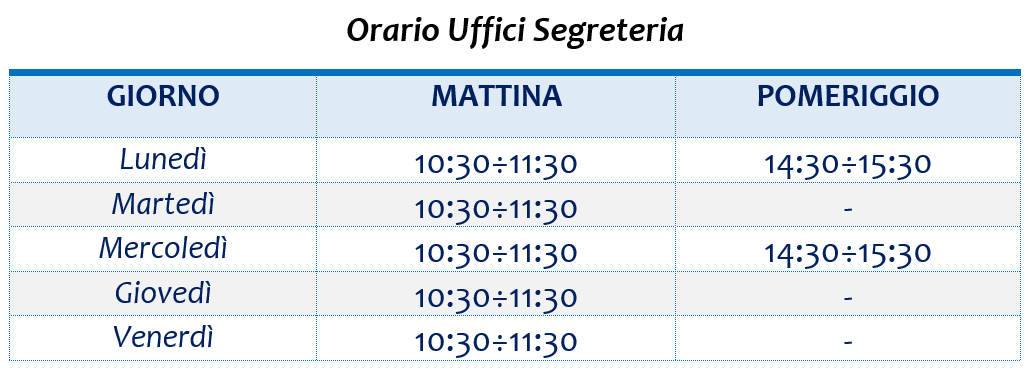 Orario Uffici Segreteria 2023 24